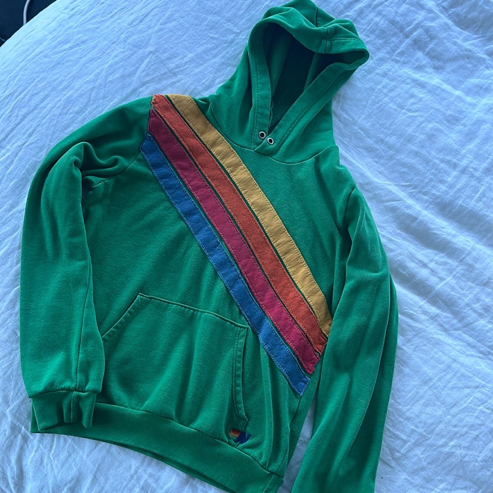 Aviator Nation kids green rainbow stripe hoodie, Sz 12